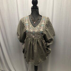 Relativity Embroidered Cotton Boho Top Womens Size Large Olive Green V-Neck